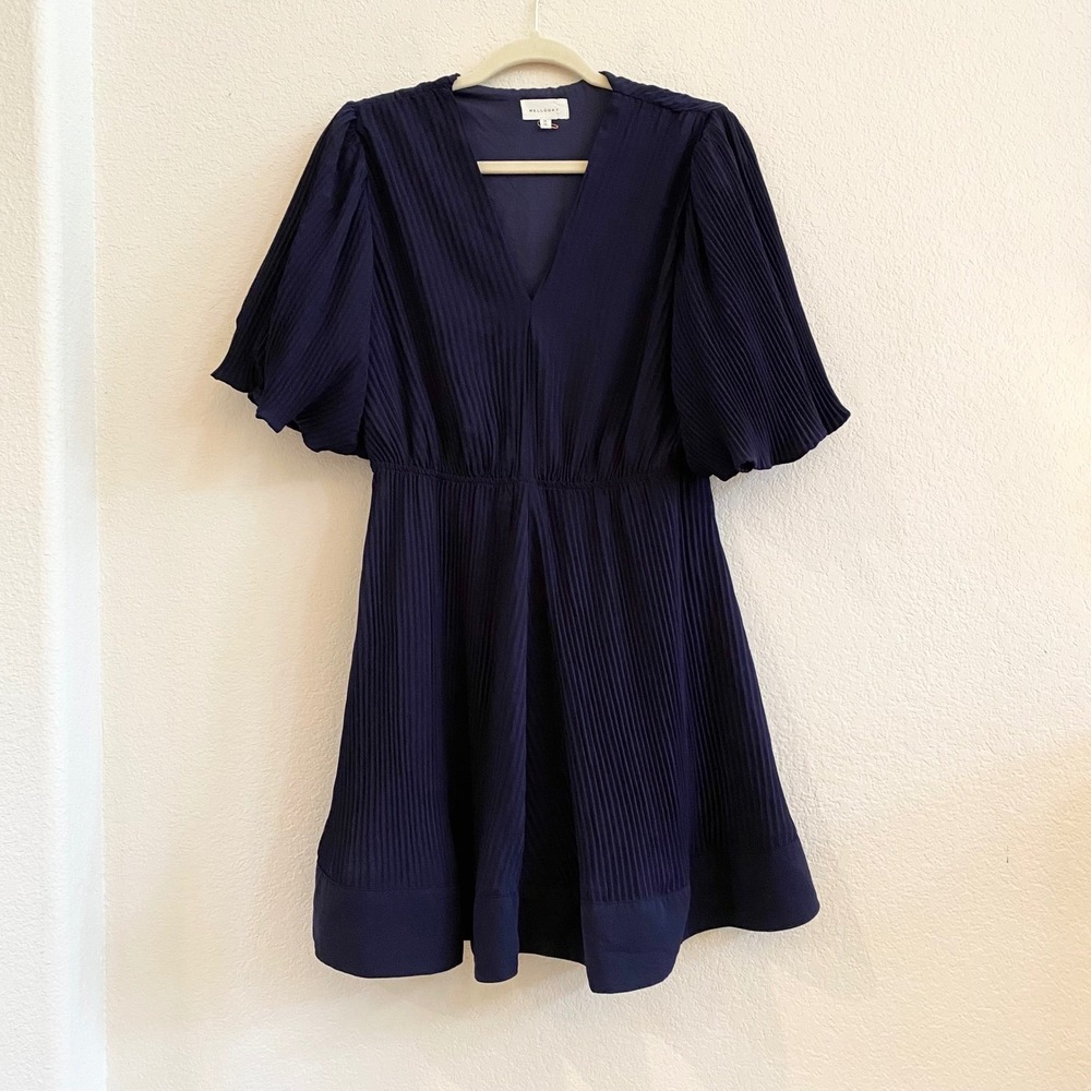 MELLODAY Navy Blue Pleated V Neck Short Sleeve‎ Flounce Dress Size M